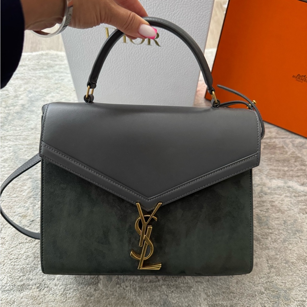 Authentic Yves Saint Laurent CASSANDRA MEDIUM SIZE Gray CALF LEATHER & Suede New